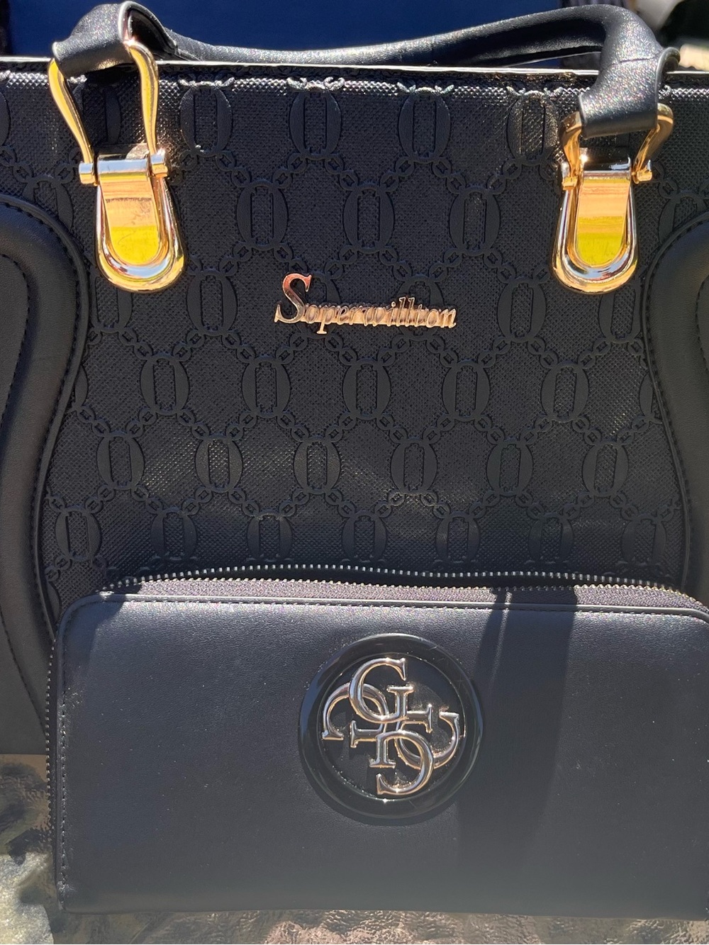 Black Women's Tote Bag with Gold Hardware and Black Wallet